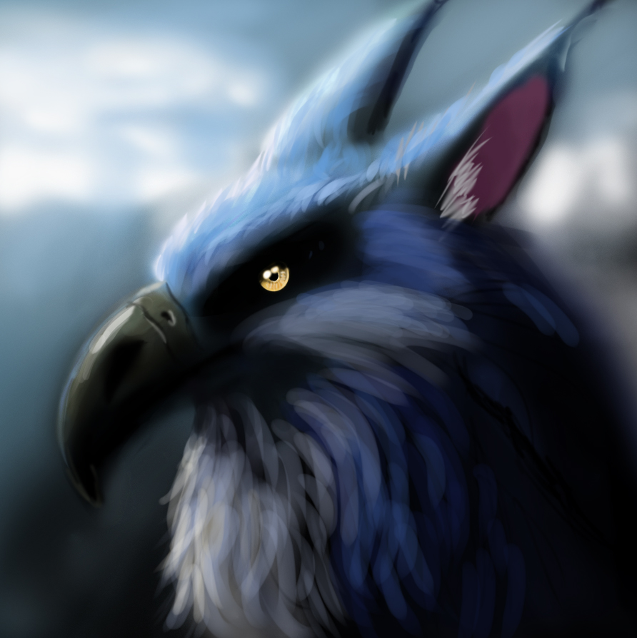 An image of a digital painting of a portrait of a blue griffin.