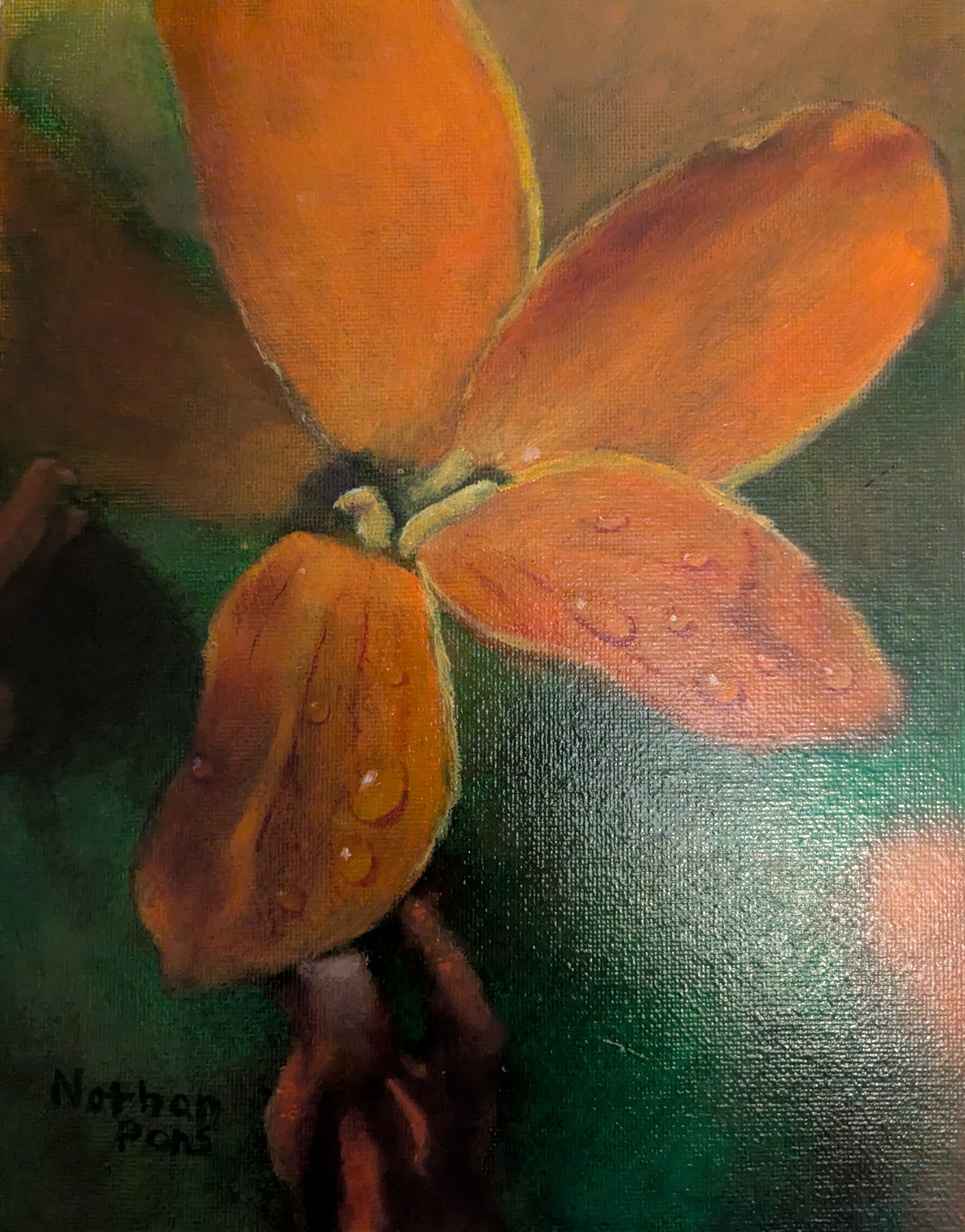 An image of an oil painting of a orange flower with a few drops of dew on the petals.